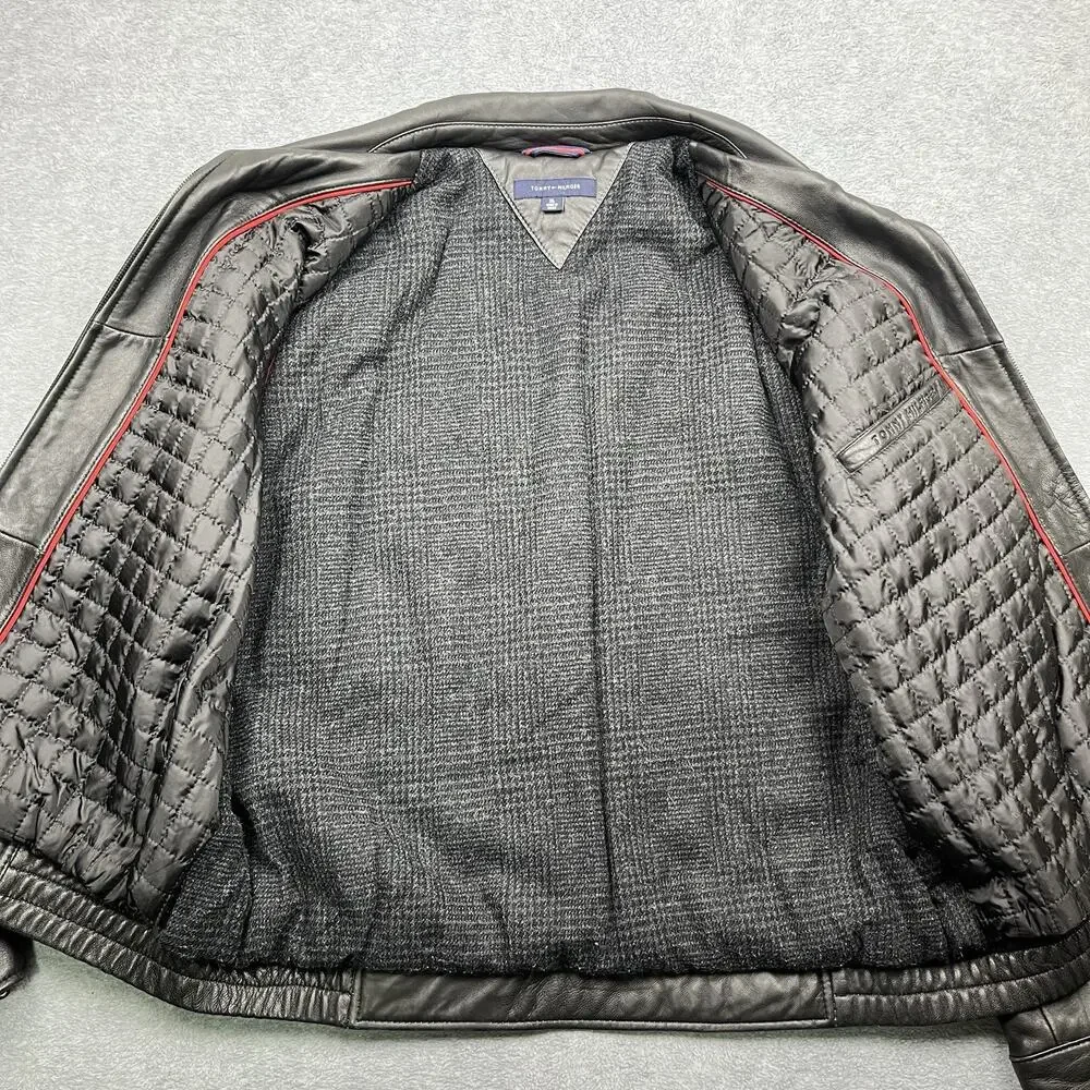 Vintage Men's Tommy Hilfiger Black Leather Bomber Jacket Zip Front Lined XL